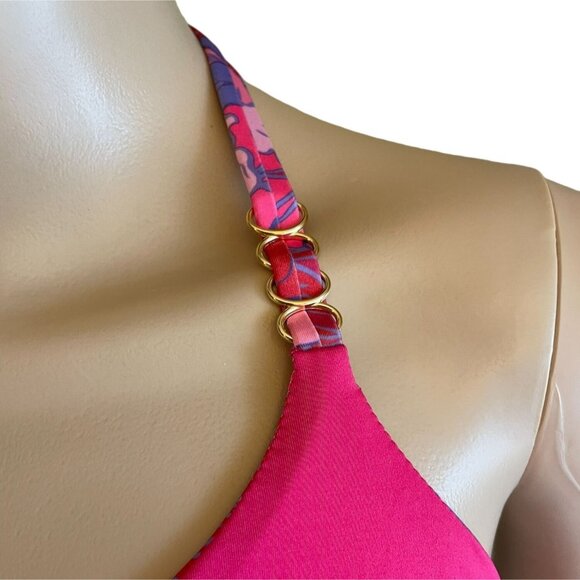 Etam Reversible Tropical Splash Halter Bikini Swim Top Sz L+ Pink to Floral - Picture 9 of 9